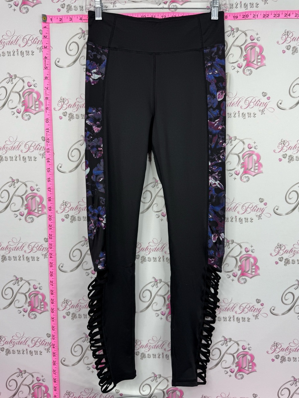 Adore Me leggings tights cut outs side Black Leggings with Purple Floral Panels